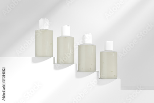 translucent cosmetic plastic bottle with disk top flip cap mockup, white flat disk cap shampoo packaging, short cylinder skincare container, cylindrical shape squeeze bottle, round shape bottle