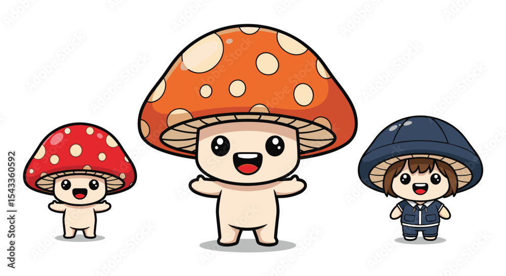 Fototapeta premium Cartoon Mushroom Characters with Happy Expressions in a Playful Forest Setting