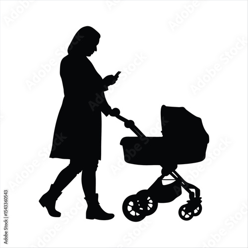 Mother Pushing Stroller and Using Phone Silhouette - Parenting Modern Lifestyle