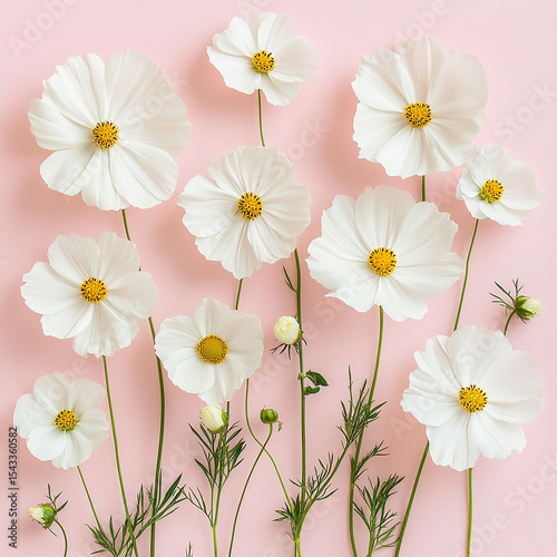 White Cosmos Flowers on Pink Background