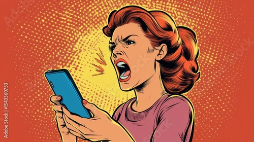 Angry Woman Yelling at Smartphone in Comic Style