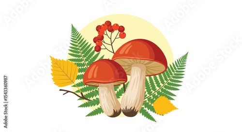 Autumnal Forest Bounty A Delightful Composition of Mushrooms Rowan and Ferns Illustration Art