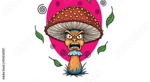 Mad Mushroom Character with Furious Expression and Waving Leaves Vector Illustration Design