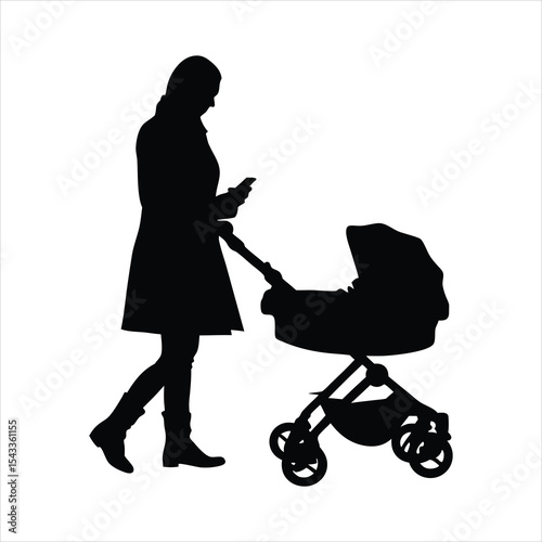 Mother Pushing Stroller and Using Phone Silhouette - Parenting Modern Lifestyle