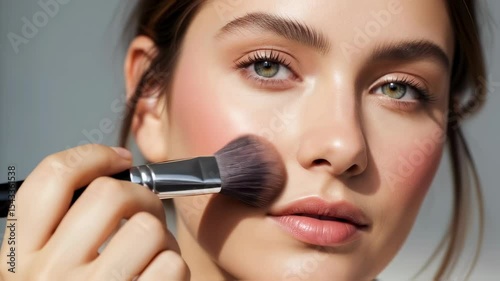 Beautiful woman with green eyes applying pink blush with a makeup brush. Natural and fresh make-up look for daily routine. Use for cosmetic product promotion or beauty blog content
