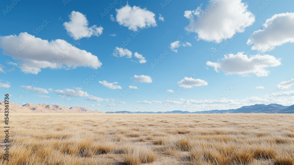 Vast plain with golden grass under bright blue sky filled with fluffy clouds creates serene and peaceful atmosphere Vast plain with golden grass under bright blue sky filled with fluffy clouds creates serene and peaceful atmosphere