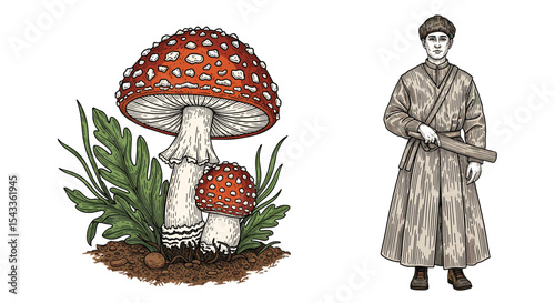 Amanita Muscaria and Traditional Man in Intricate Engraving Style with Cultural Heritage Influence