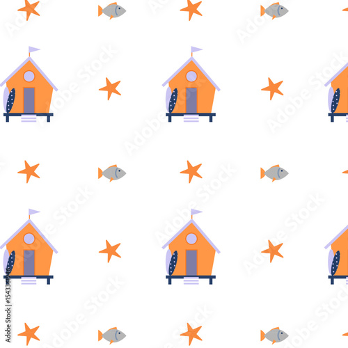 Bright summer pattern with beach house for kids design and decor