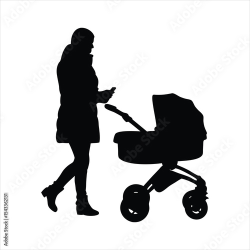 Mother Pushing Stroller and Using Phone Silhouette - Parenting Modern Lifestyle
