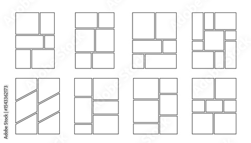 Comic manga storyboard grid template, vector rectangle layout for photo collage, flyer or poster, set