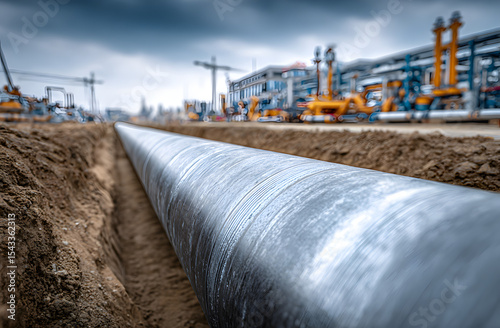 Modern construction of insulated pipes laid in trench for residential heating water supply. Engineering infrastructure for urban home. Pipeline technology, energy efficiency, industrial background