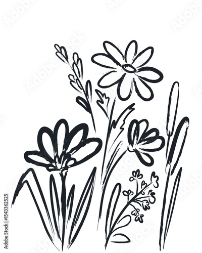 Abstract floral composition. Bouquet of hand drawn flowers and herbs. Floral black brush strokes drawing. Minimalistic collage of modern botanical doodles