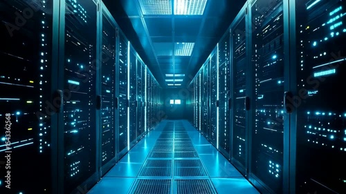 Server room interior with many server racks.