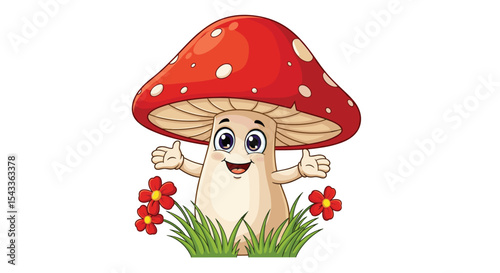 Cartoon Mushroom Character with Red Cap Giving Thumbs Up Surrounded by Flowers and Grass