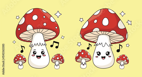 Cute Cartoon Mushroom Characters Singing and Dancing in a Cheerful Forest Illustration