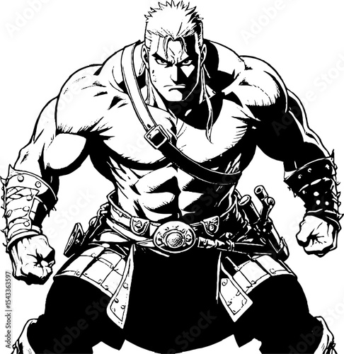 Powerful ancient warrior in full medieval armor, standing strong and battle-hardened, heroic male figure with muscular build, fierce expression and epic fantasy vibe.