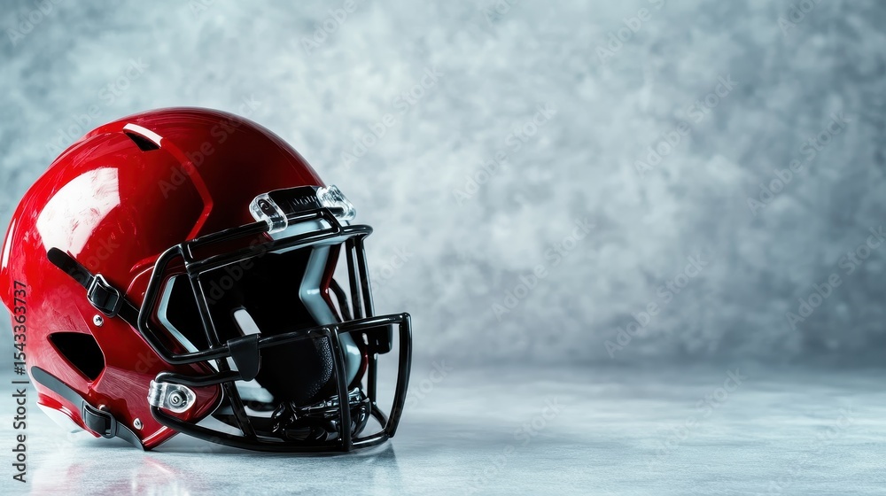 Fototapeta premium This close-up image showcases a vibrant red football helmet against a gray background, symbolizing strength, teamwork, and the excitement of the sport in a dynamic way.