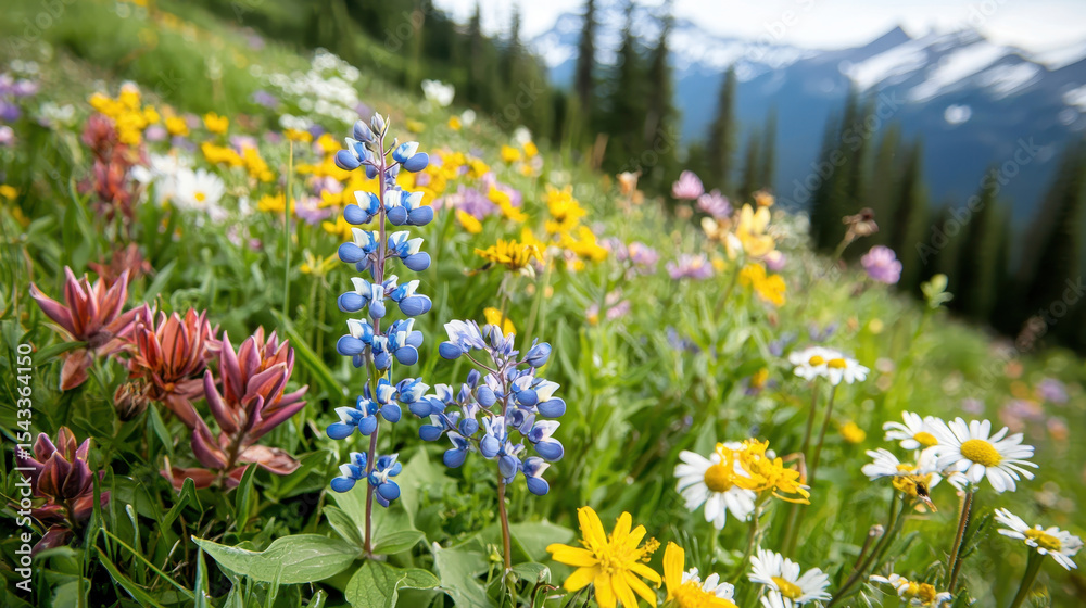 Obraz premium Vibrant meadow filled with colorful wildflowers, including blue lupines, daisies, and various other blooms, set against