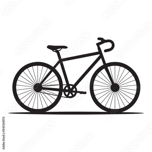 Bicycle silhouette icon with thin tires and classic frame, cycling transport graphic on white background.