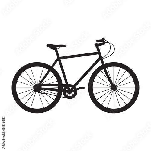 Bicycle silhouette icon with thin tires and classic frame, cycling transport graphic on white background.