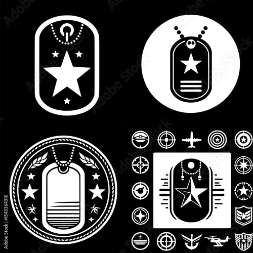 set of flat black and white military dog tag icon for war, identity, and battlefield symbolism.