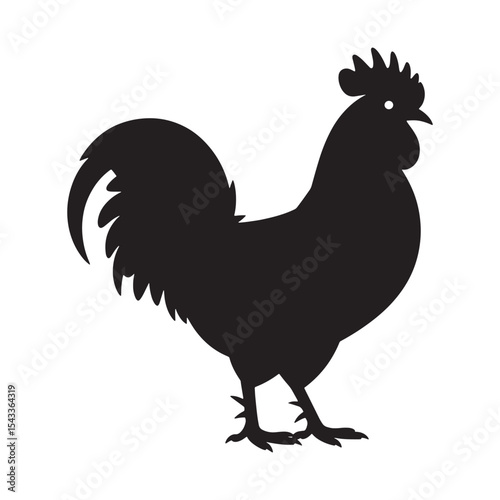 Rooster silhouette icon with detailed feathers and tail, farm bird animal graphic isolated on white background.