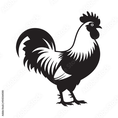 Rooster silhouette icon with detailed feathers and tail, farm bird animal graphic isolated on white background.