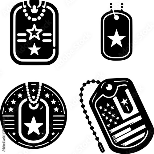 set of flat black and white military dog tag icon for war, identity, and battlefield symbolism.