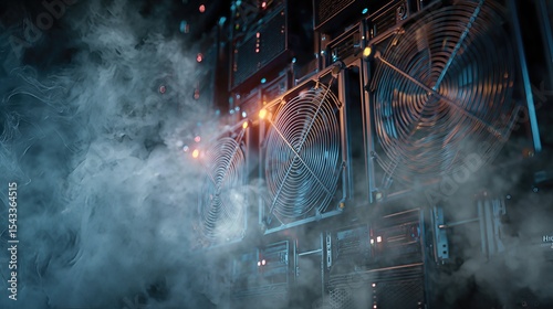 A high-tech server rack emits smoke while cooling systems operate, representing stress on equipment and the need for efficient data center solutions.
