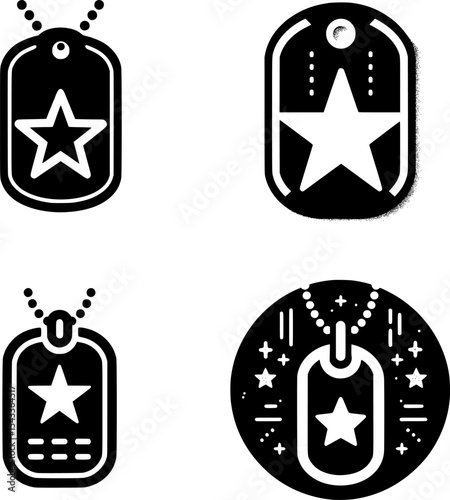 set of flat black and white military dog tag icon for war, identity, and battlefield symbolism.