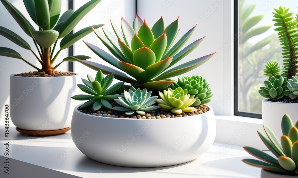Fototapeta premium Sunlit succulent arrangement in minimalist white containers on window sill