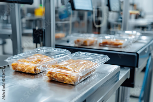 Automated packaging machine sealing food products transparent containers, showcasing efficiency and precision modern facility