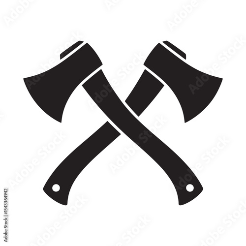 Crossed axes silhouette icon, lumberjack tools, battle axe graphic isolated on white background.