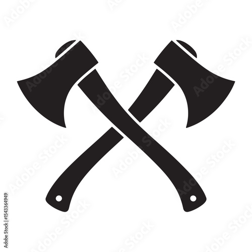 Crossed axes silhouette icon, lumberjack tools, battle axe graphic isolated on white background.