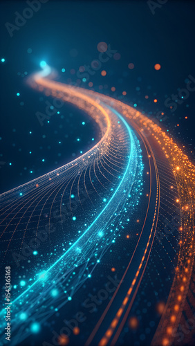 Abstract futuristic technology background with glowing blue and orange trails of light and data streams