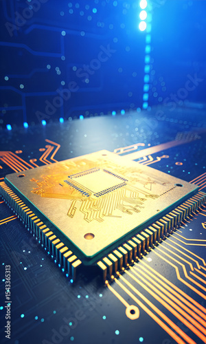 Closeup of a gold microchip on a circuit board with blue glowing background
