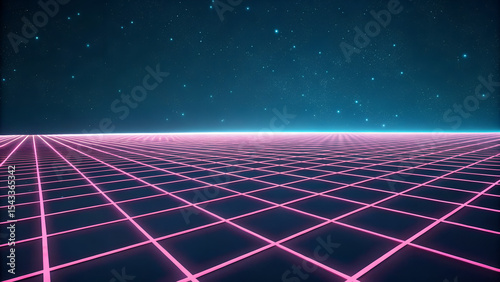 Retro futuristic grid landscape under a starry night sky digital art background