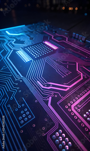 Abstract closeup of illuminated circuit board with pink and blue neon lights technology background