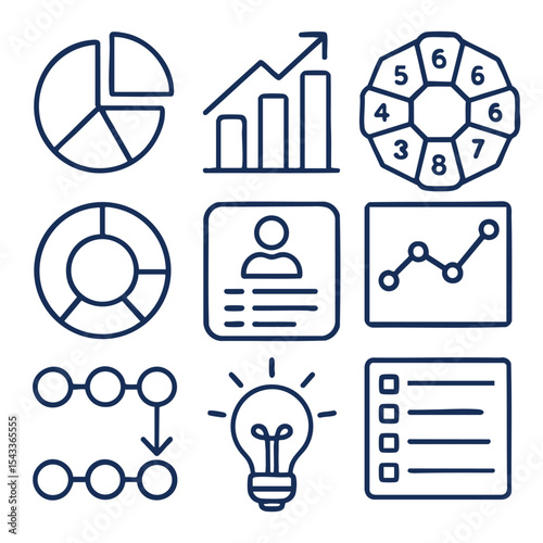 Data visualization icons including charts, graphs, and diagrams represent analysis and insights