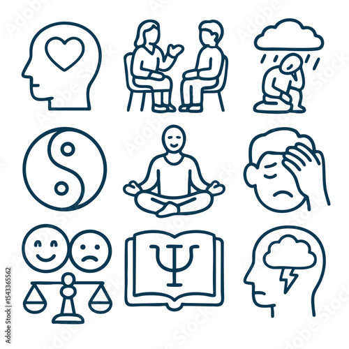Mental health icons representing emotions, therapy, balance, and mindfulness