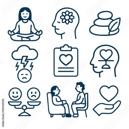 Mindfulness icons, mental health symbols, emotional balance, therapy session, self care