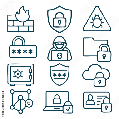 Secure icons representing cybersecurity concepts, including firewalls, locks, and hackers