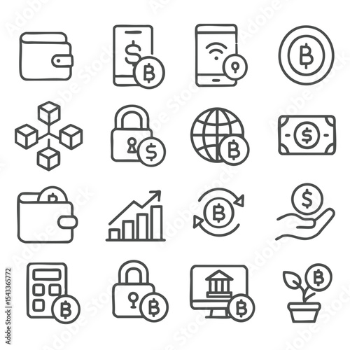 Digital wallet icons, cryptocurrency symbols, and financial technology elements represent modern