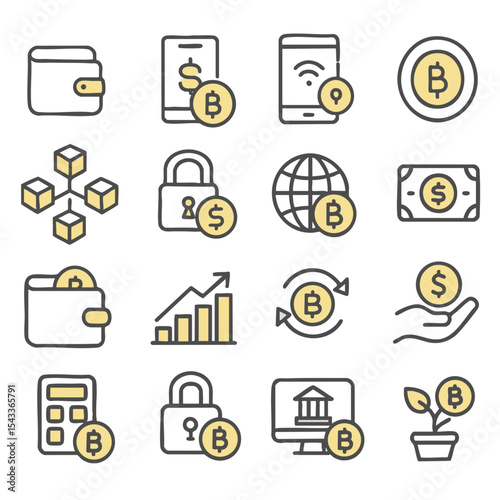 Digital wallet icons, cryptocurrency symbols, and financial technology elements create modern