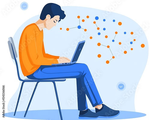 An individual sitting using a laptop with connected network nodes