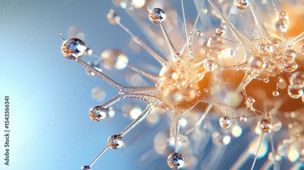 Obraz premium Stunning macro shot of dewdrops on delicate structure, showcasing intricate details and soft blue background