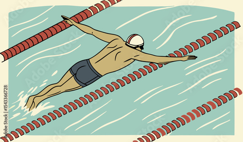 Swimmer, seen from above, powers through water with butterfly stroke, his muscular back glistening under sun as they swim between red lane dividers. Concept of aquatic sport, 