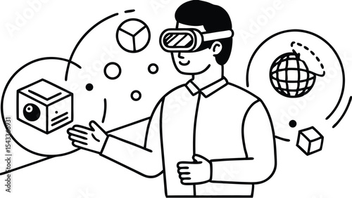 Person using virtual reality headset surrounded by floating geometric shapes and a globe outline