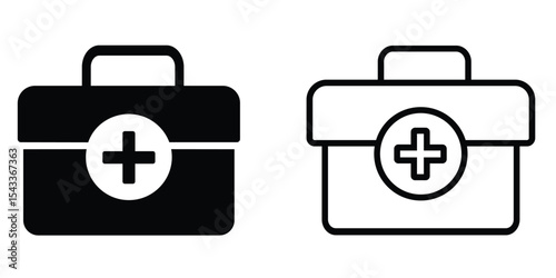 First aid kit icon set. Medical box with cross. Black and white first aid kit icon on white background. Symbol of first aid kit. Vector illustration.