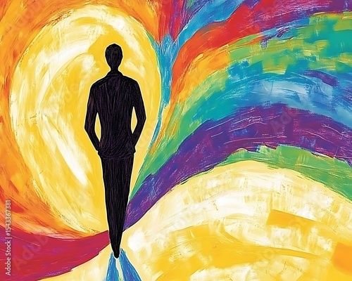 Silhouette of a person standing before colorful painted background